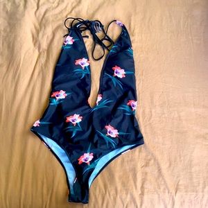 Floral black low cut one piece